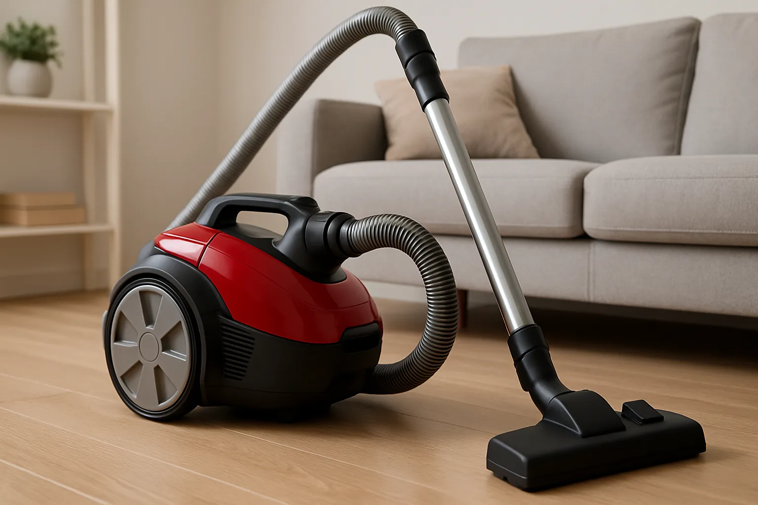 Aspirator fără sac, performant, pe podea din lemn într-un living modern – ideal pentru alegerea celui mai bun aspirator